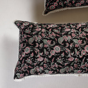 Black - Sanganeri Block Printed Cotton Pillow Cover with Lace (26 x 16 in) - Set of 2
