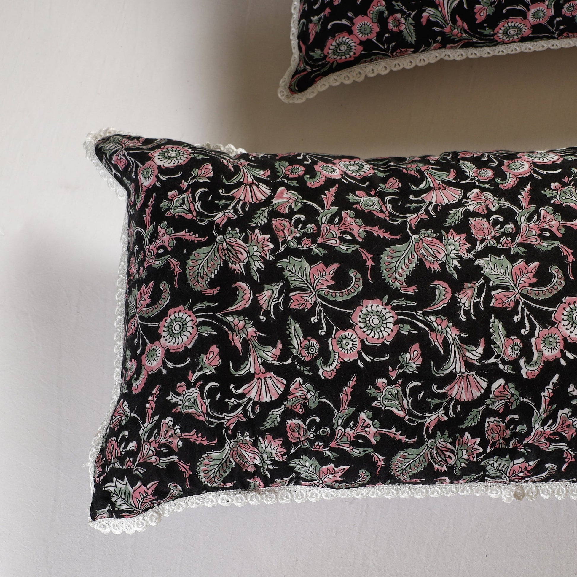 Black - Sanganeri Block Printed Cotton Pillow Cover with Lace (26 x 16 in) - Set of 2