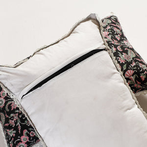 Black - Sanganeri Block Printed Cotton Pillow Cover with Lace (26 x 16 in) - Set of 2