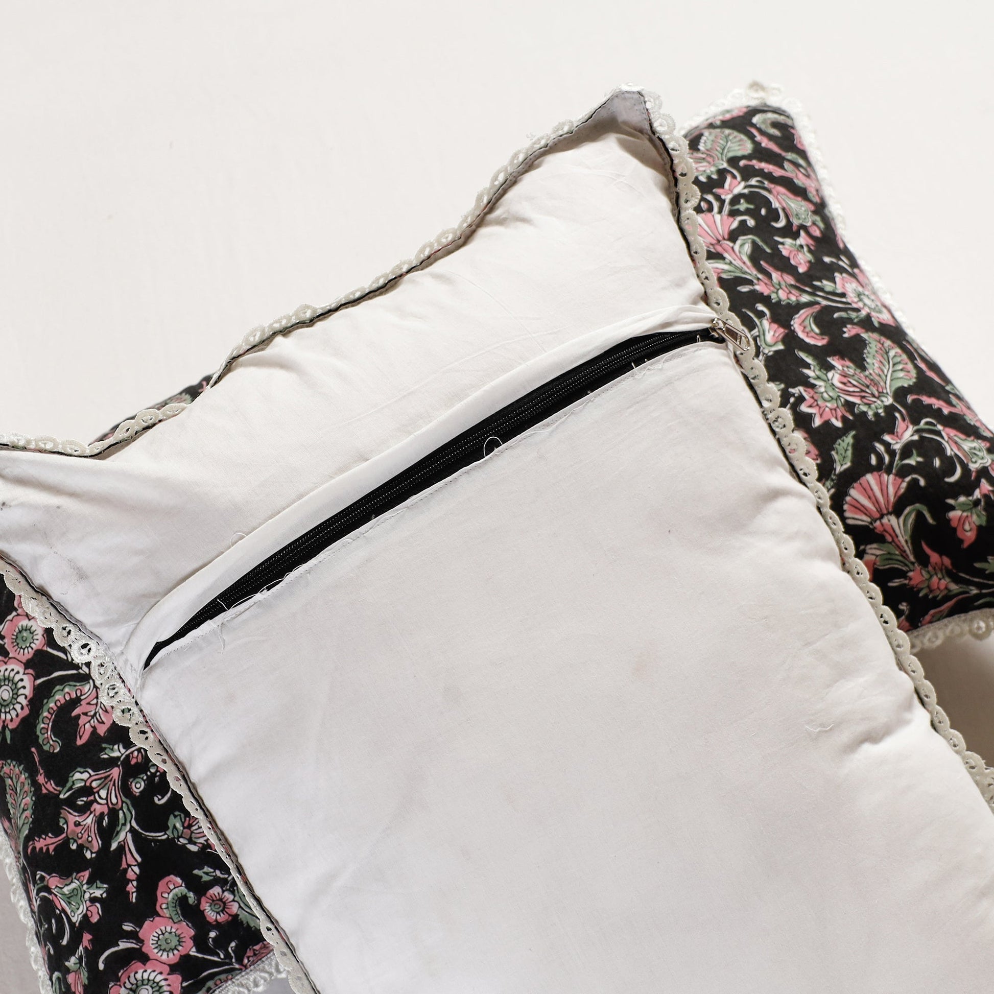 Black - Sanganeri Block Printed Cotton Pillow Cover with Lace (26 x 16 in) - Set of 2