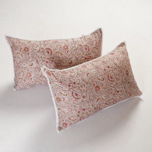Brown - Sanganeri Block Printed Cotton Pillow Cover With Lace (26 x 16 in) - Set of 2