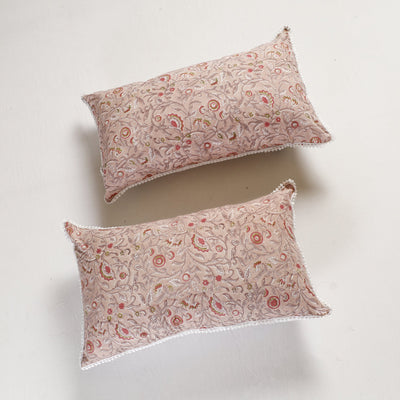 Brown - Sanganeri Block Printed Cotton Pillow Cover With Lace (26 x 16 in) - Set of 2