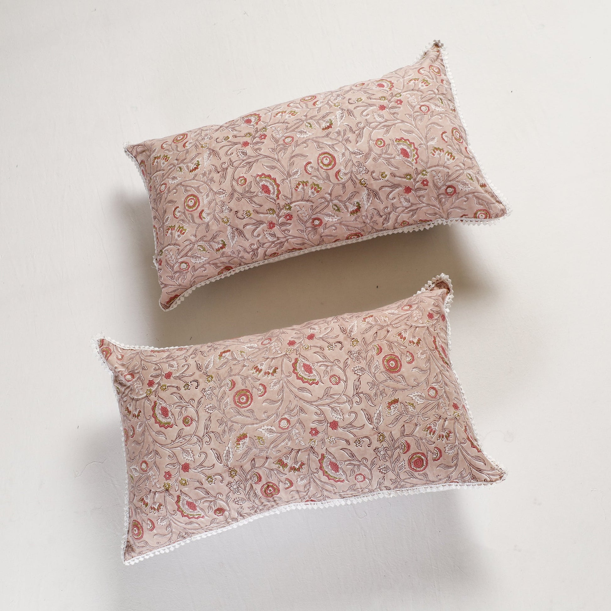 Brown - Sanganeri Block Printed Cotton Pillow Cover With Lace (26 x 16 in) - Set of 2