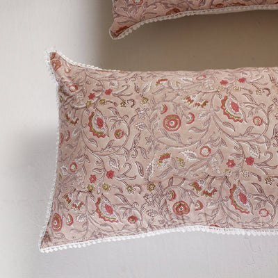 Brown - Sanganeri Block Printed Cotton Pillow Cover With Lace (26 x 16 in) - Set of 2