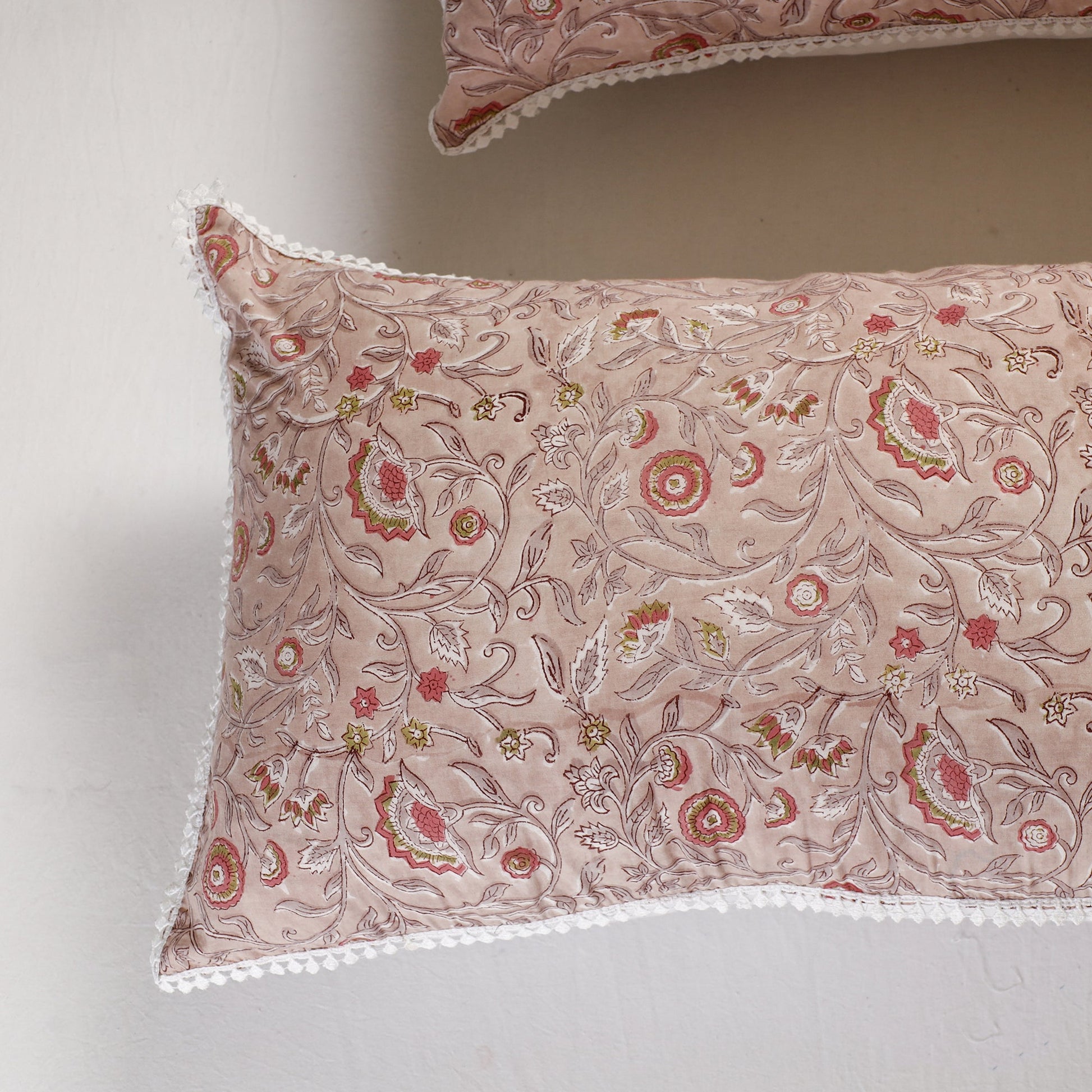 Brown - Sanganeri Block Printed Cotton Pillow Cover With Lace (26 x 16 in) - Set of 2