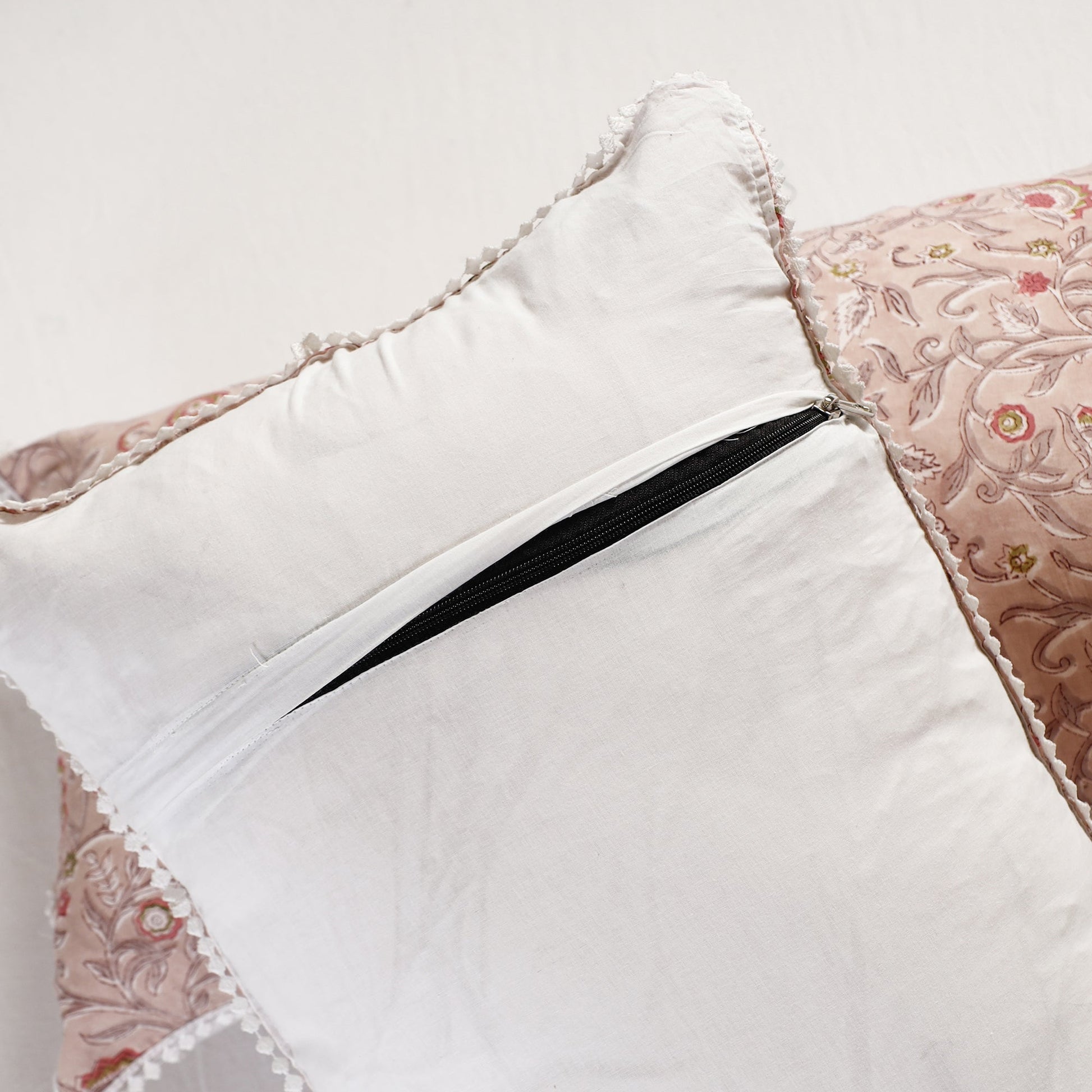 Brown - Sanganeri Block Printed Cotton Pillow Cover With Lace (26 x 16 in) - Set of 2
