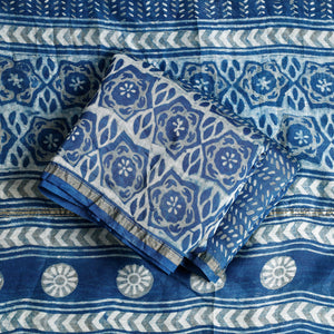 Blue - 3pc Akola Block Printed Chanderi Silk Suit Material Set