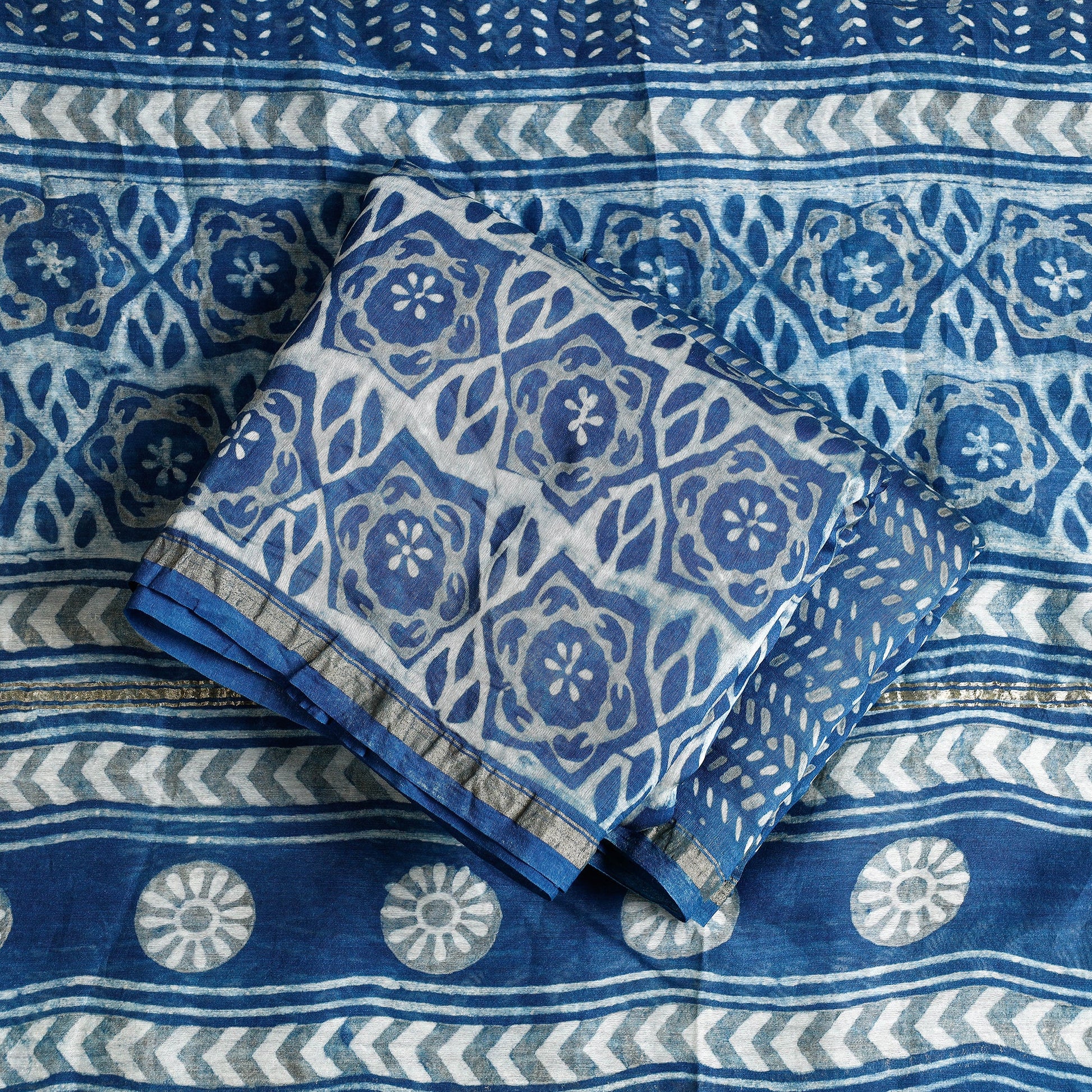 Blue - 3pc Akola Block Printed Chanderi Silk Suit Material Set