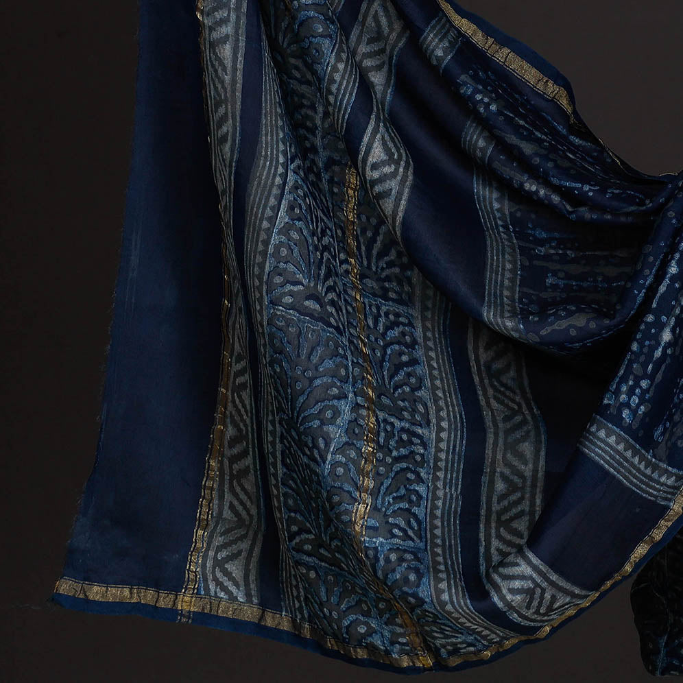 Blue - 3pc Akola Block Printed Chanderi Silk Suit Material Set