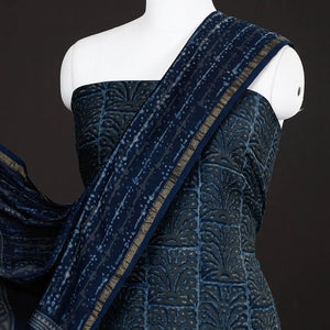 Blue - 3pc Akola Block Printed Chanderi Silk Suit Material Set