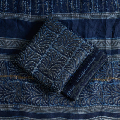 Blue - 3pc Akola Block Printed Chanderi Silk Suit Material Set