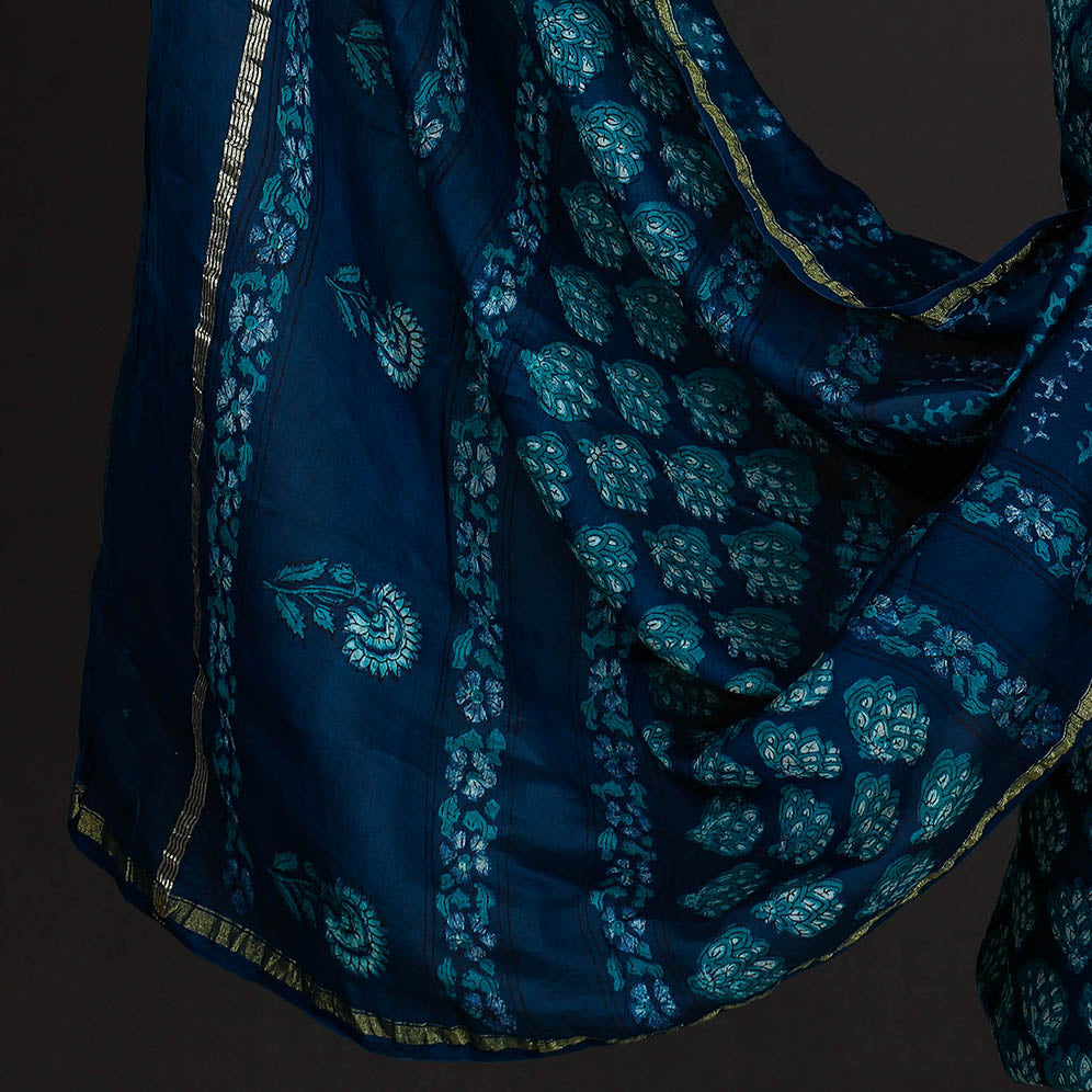 Blue - 3pc Akola Block Printed Chanderi Silk Suit Material Set