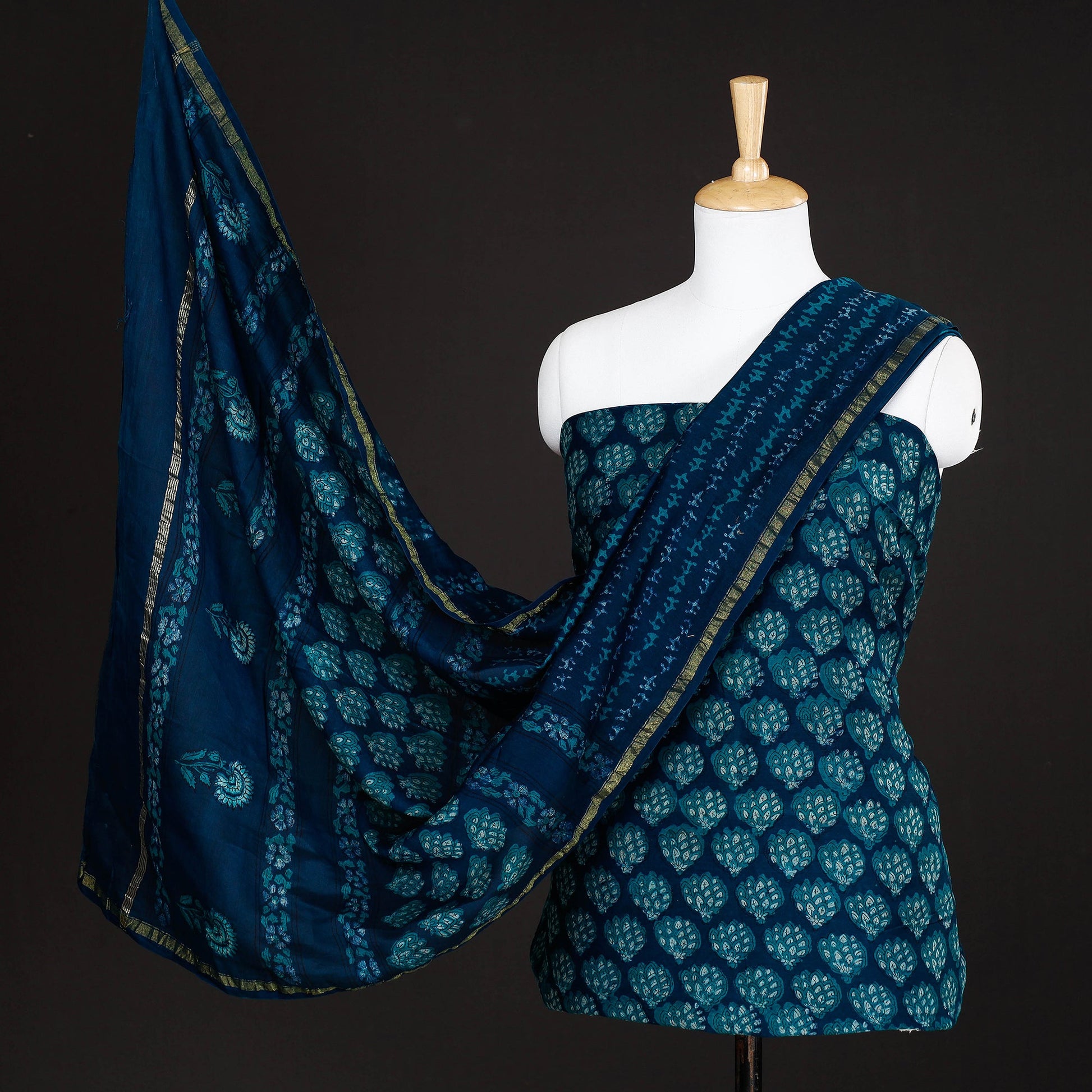 Blue - 3pc Akola Block Printed Chanderi Silk Suit Material Set