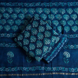 Blue - 3pc Akola Block Printed Chanderi Silk Suit Material Set