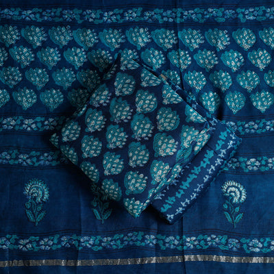 Blue - 3pc Akola Block Printed Chanderi Silk Suit Material Set