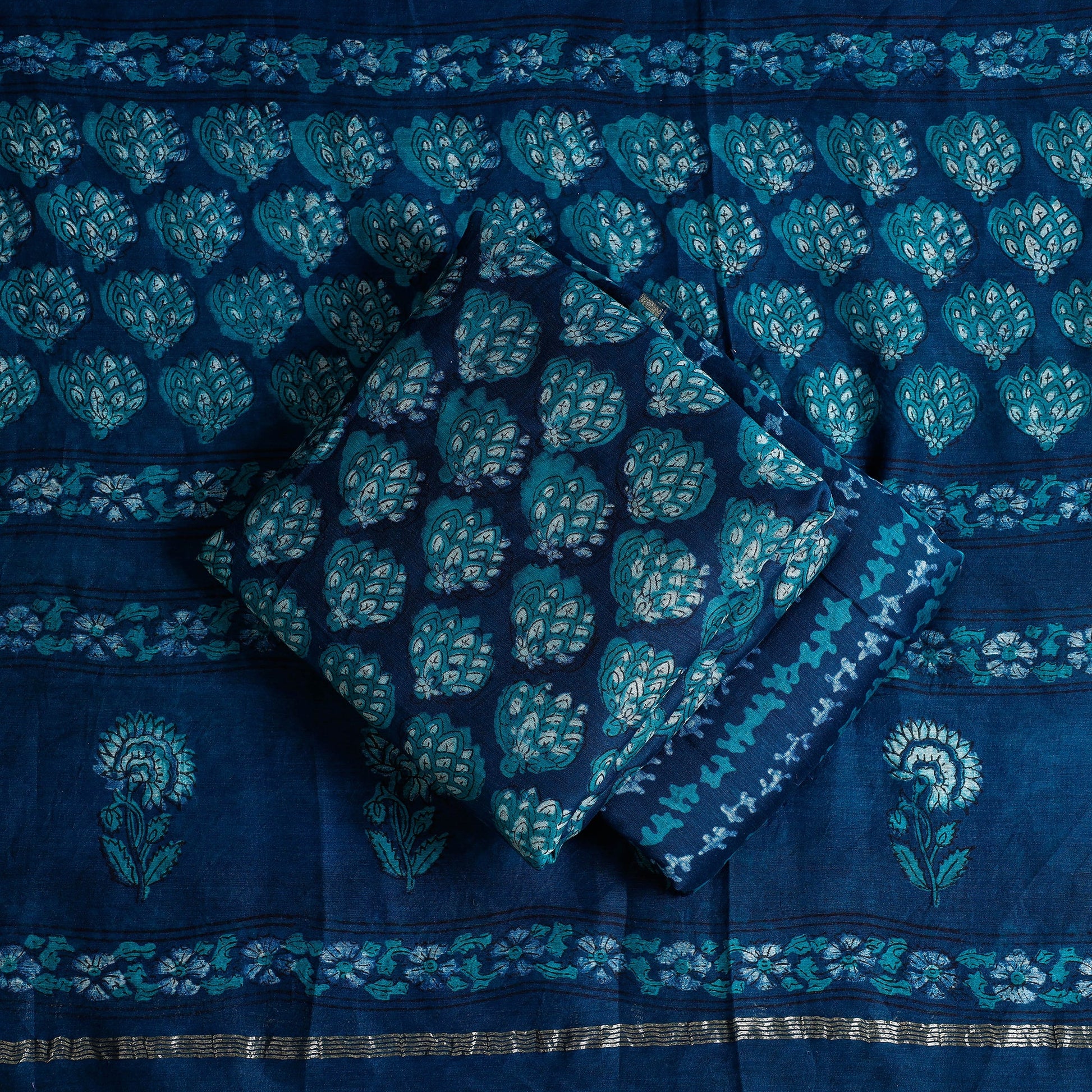 Blue - 3pc Akola Block Printed Chanderi Silk Suit Material Set