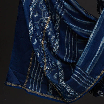 Blue - 3pc Akola Block Printed Chanderi Silk Suit Material Set
