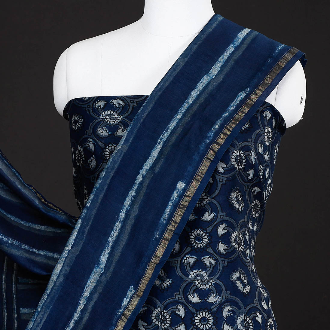Blue - 3pc Akola Block Printed Chanderi Silk Suit Material Set