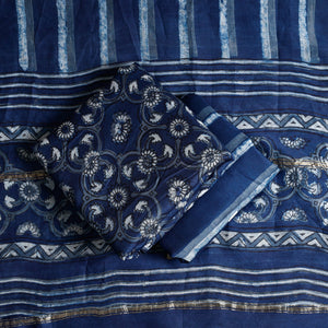Blue - 3pc Akola Block Printed Chanderi Silk Suit Material Set