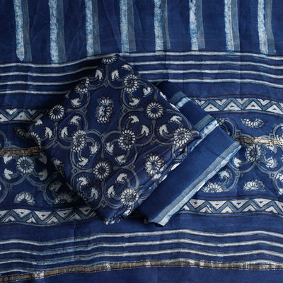 Blue - 3pc Akola Block Printed Chanderi Silk Suit Material Set