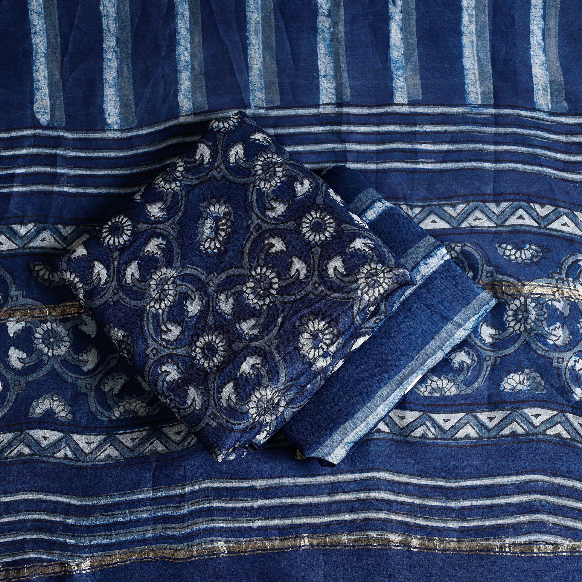 Blue - 3pc Akola Block Printed Chanderi Silk Suit Material Set