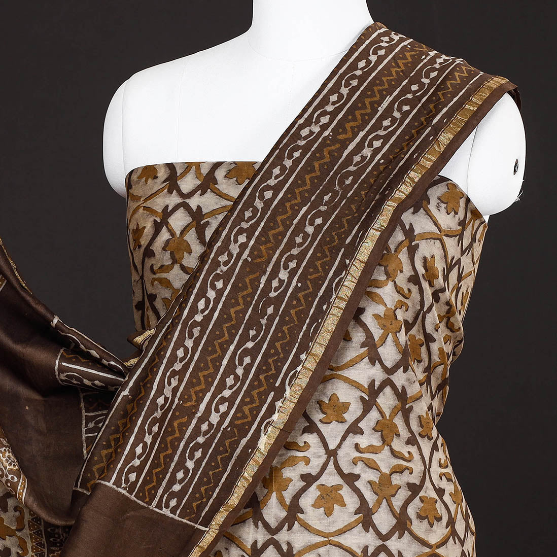 Brown - 3pc Akola Block Printed Chanderi Silk Suit Material Set