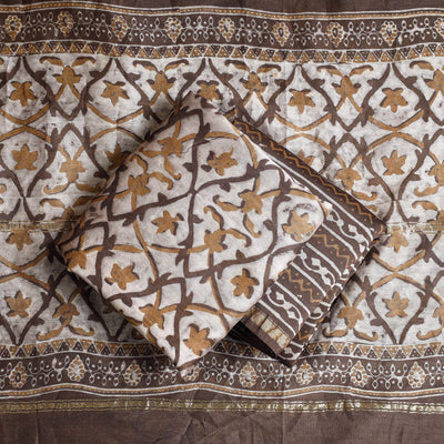 Brown - 3pc Akola Block Printed Chanderi Silk Suit Material Set