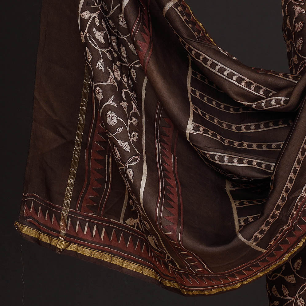 Brown - 3pc Akola Block Printed Chanderi Silk Suit Material Set