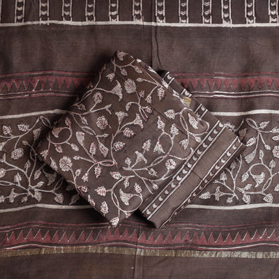 Brown - 3pc Akola Block Printed Chanderi Silk Suit Material Set