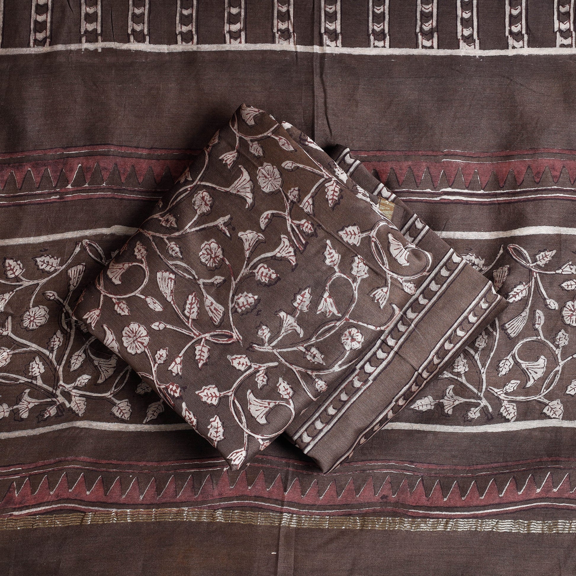 Brown - 3pc Akola Block Printed Chanderi Silk Suit Material Set