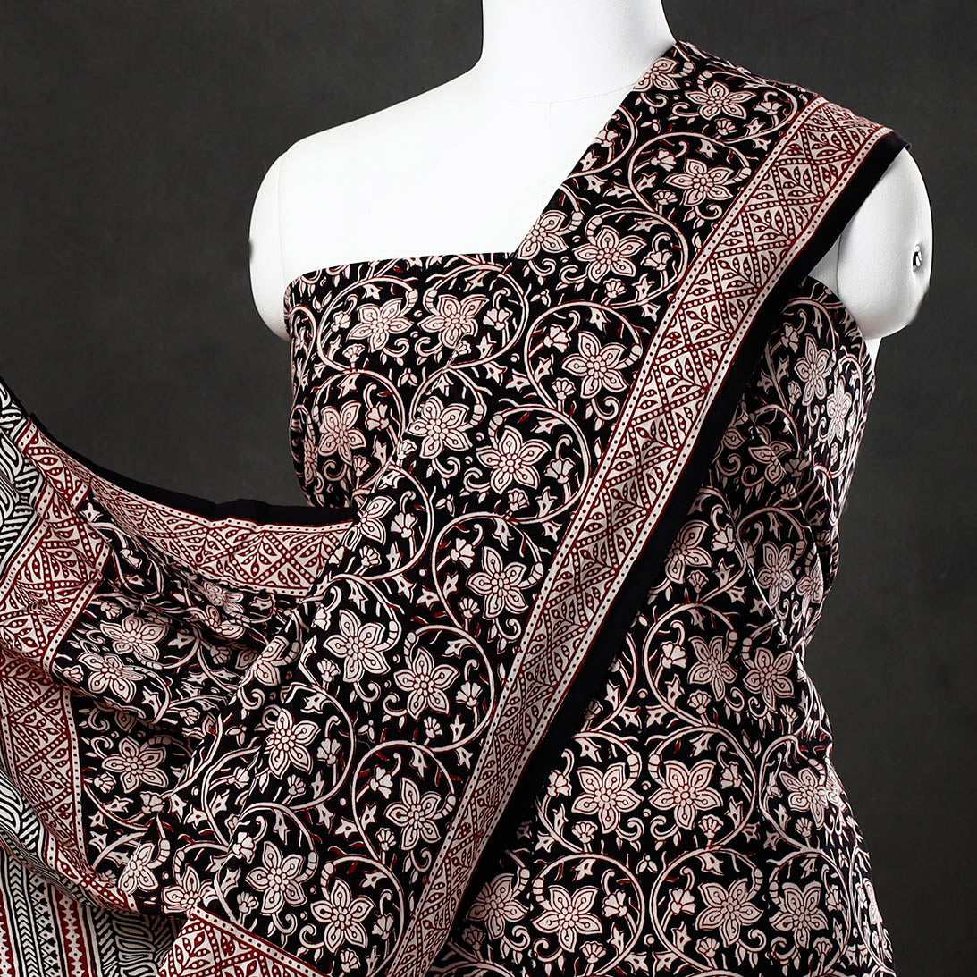 Black - 3pc Natural Dyed Cotton Bagh Print Suit Material Set 31