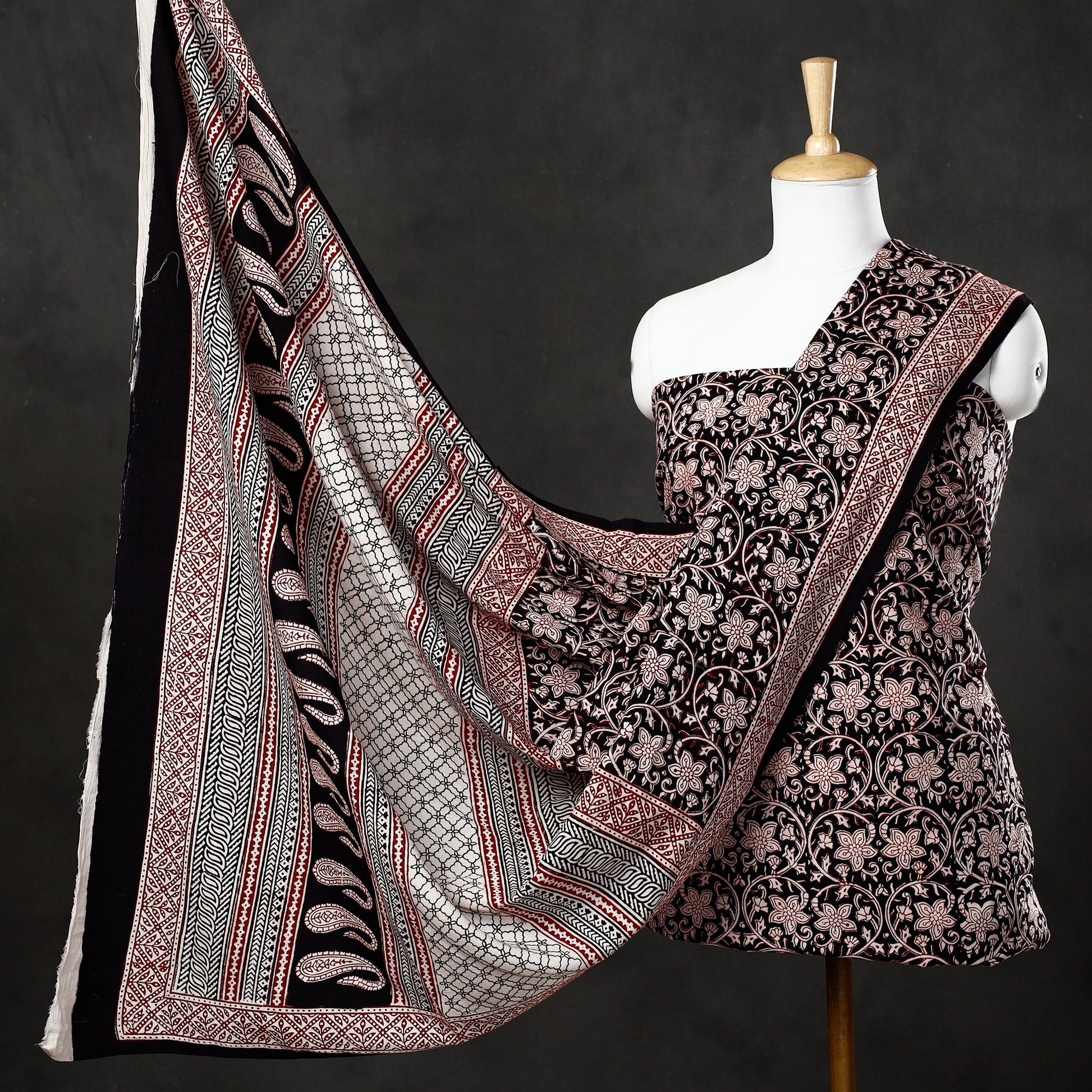 Black - 3pc Natural Dyed Cotton Bagh Print Suit Material Set 31