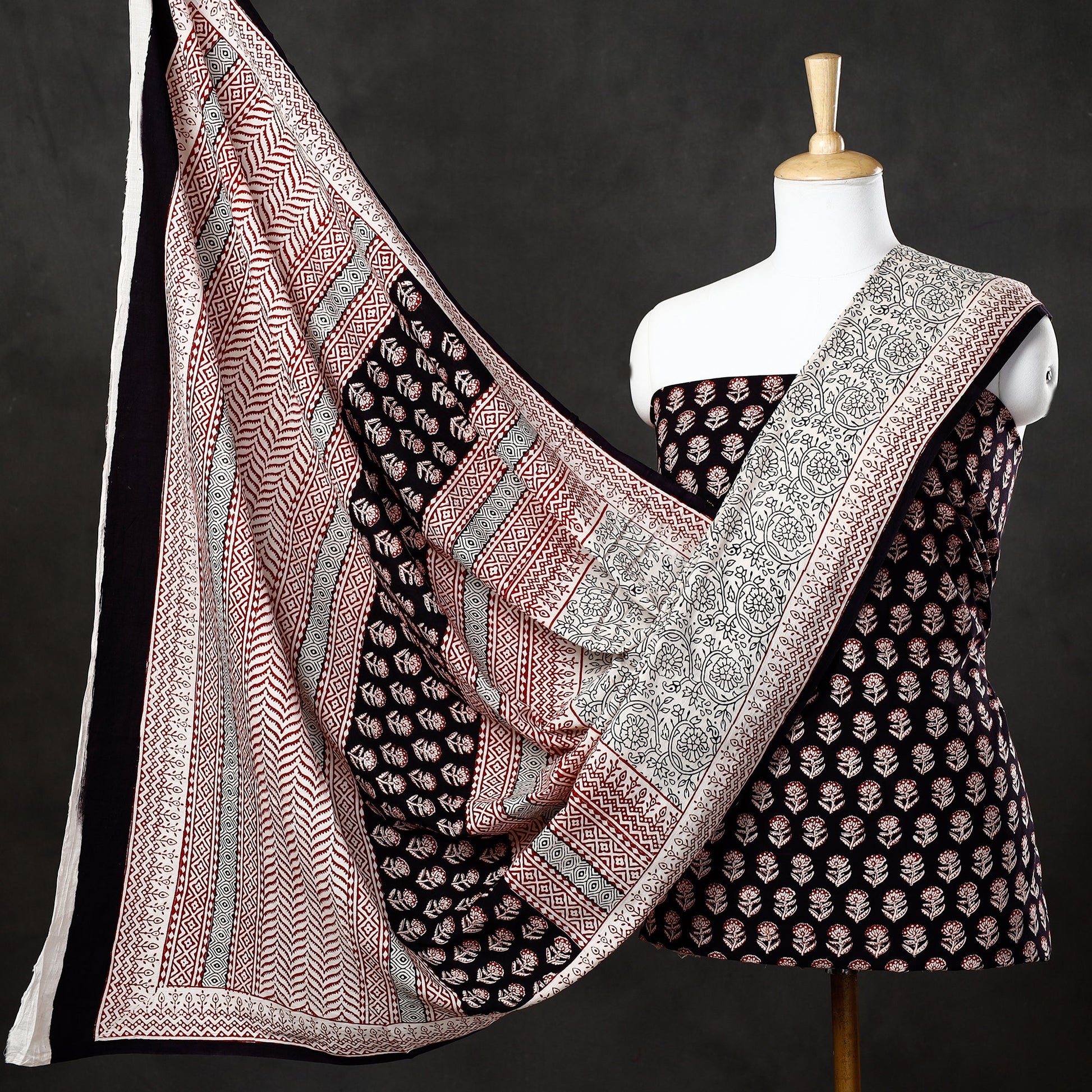 Black - 3pc Natural Dyed Cotton Bagh Print Suit Material Set 32
