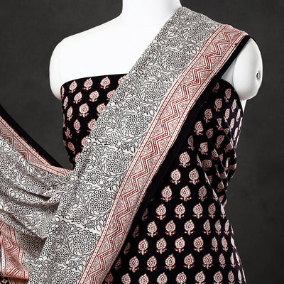 Black - 3pc Natural Dyed Cotton Bagh Print Suit Material Set 35