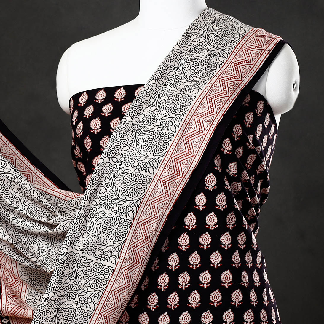 Black - 3pc Natural Dyed Cotton Bagh Print Suit Material Set 35