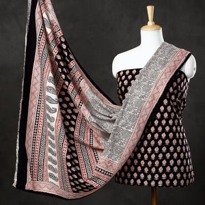 Black - 3pc Natural Dyed Cotton Bagh Print Suit Material Set 35