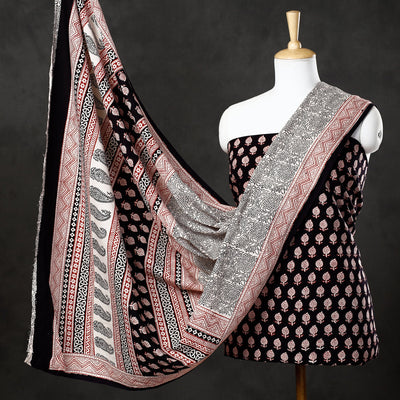 Black - 3pc Natural Dyed Cotton Bagh Print Suit Material Set 35