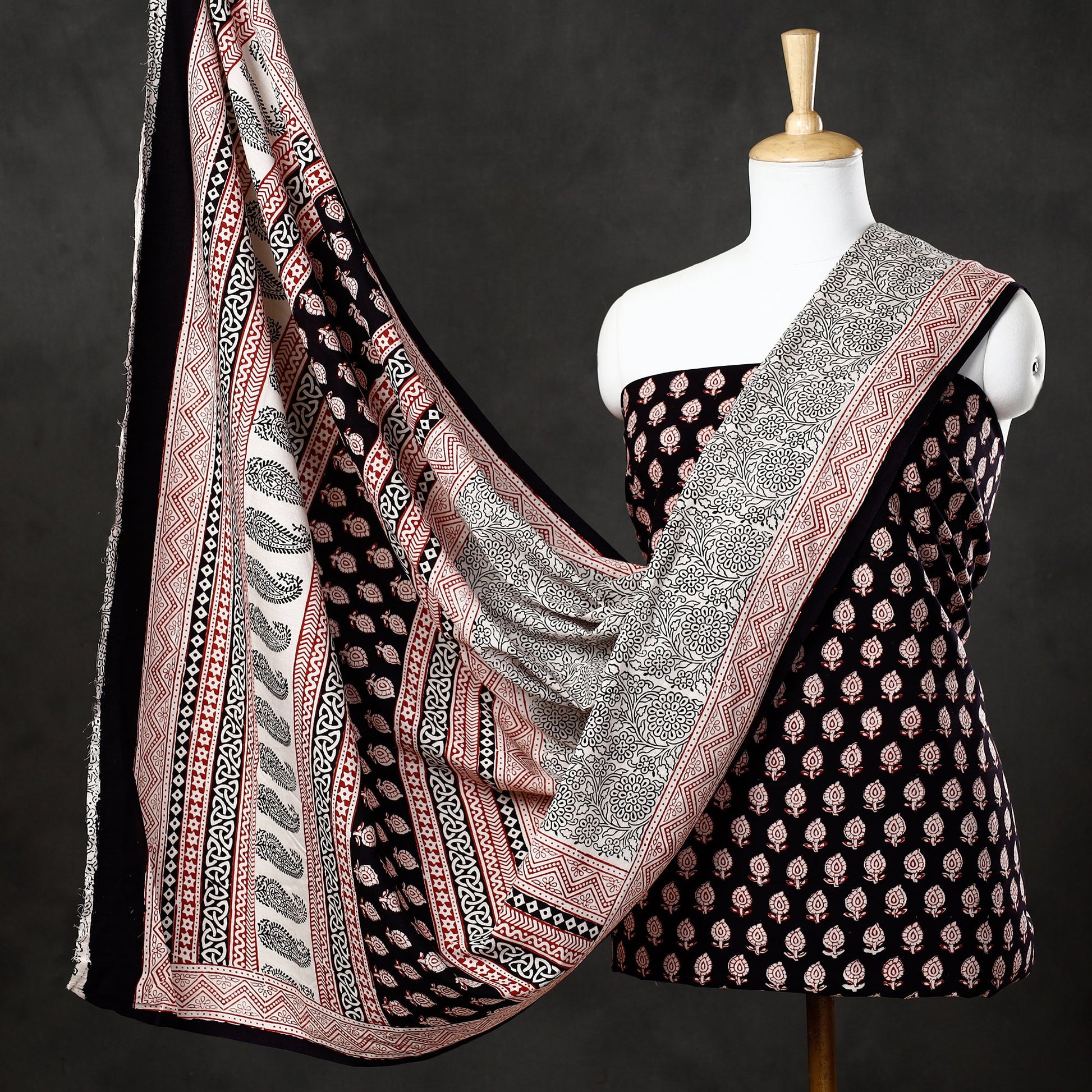 Black - 3pc Natural Dyed Cotton Bagh Print Suit Material Set 35