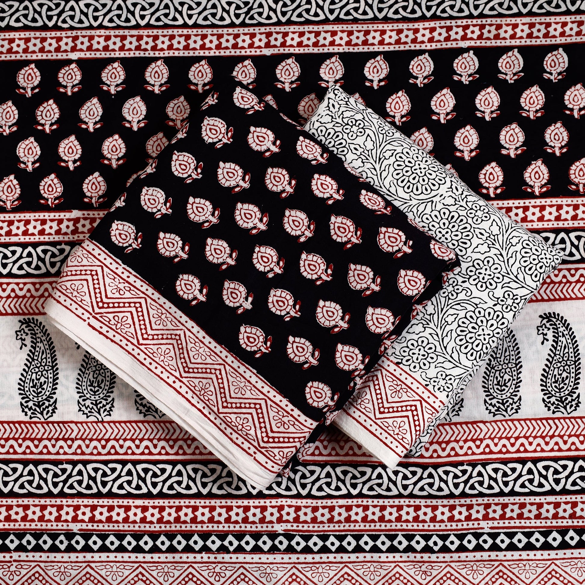 Black - 3pc Natural Dyed Cotton Bagh Print Suit Material Set 35