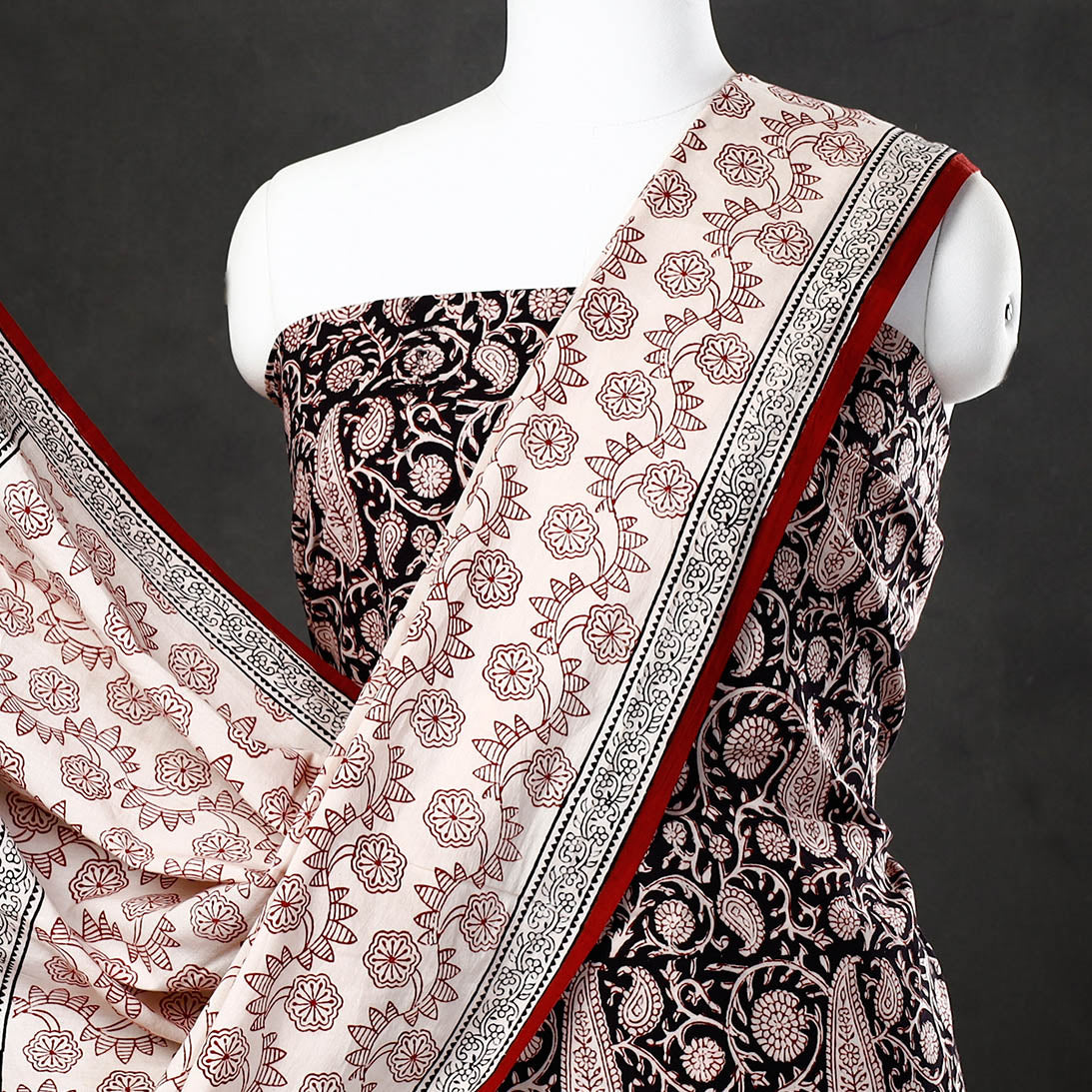Black - 3pc Natural Dyed Cotton Bagh Print Suit Material Set 42