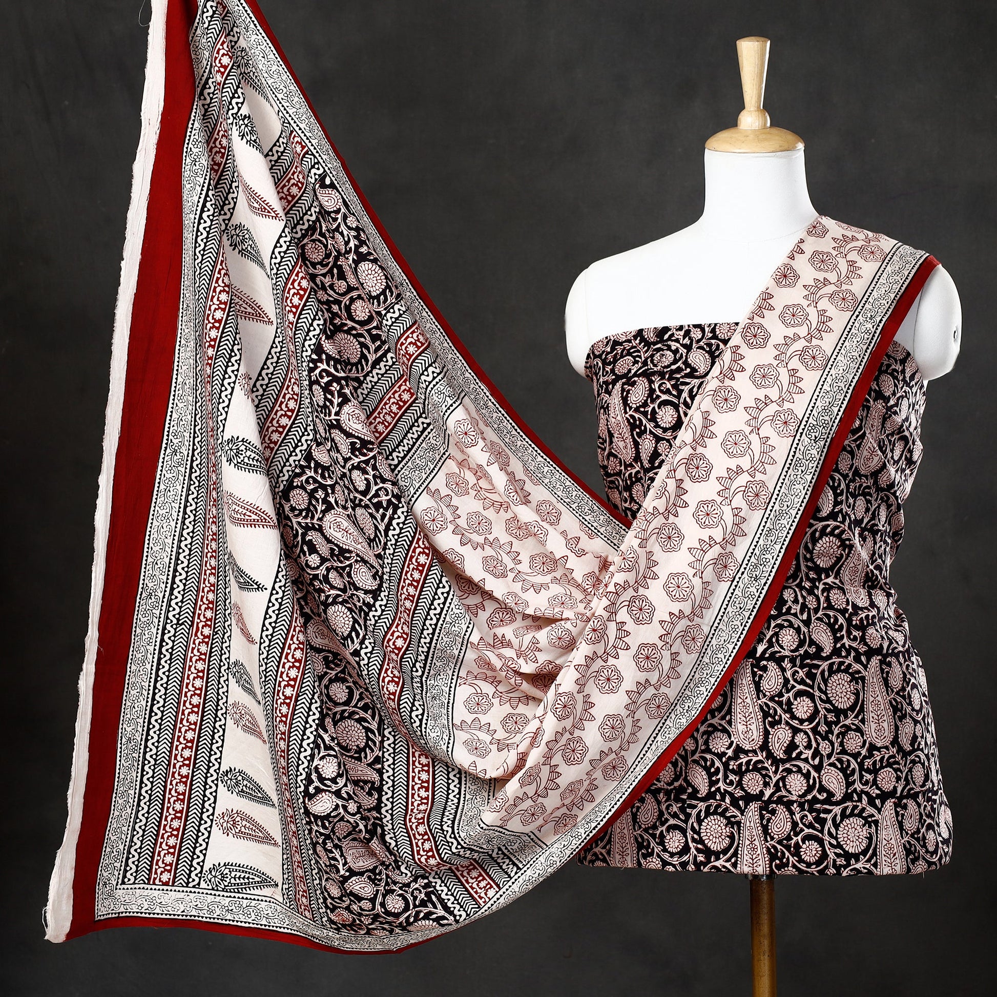 Black - 3pc Natural Dyed Cotton Bagh Print Suit Material Set 42