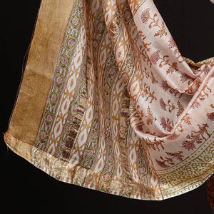 Brown - 3pc Sanganeri Block Printed Maheshwari Silk Suit Material Set