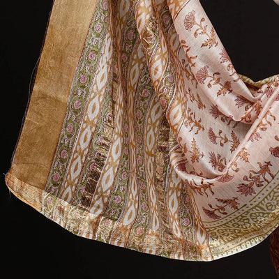 Brown - 3pc Sanganeri Block Printed Maheshwari Silk Suit Material Set