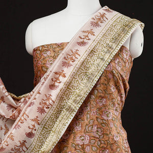 Brown - 3pc Sanganeri Block Printed Maheshwari Silk Suit Material Set