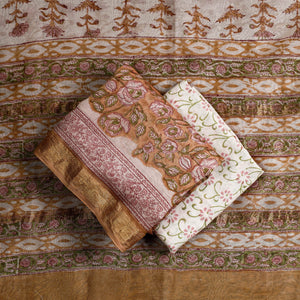 Brown - 3pc Sanganeri Block Printed Maheshwari Silk Suit Material Set
