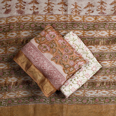 Brown - 3pc Sanganeri Block Printed Maheshwari Silk Suit Material Set