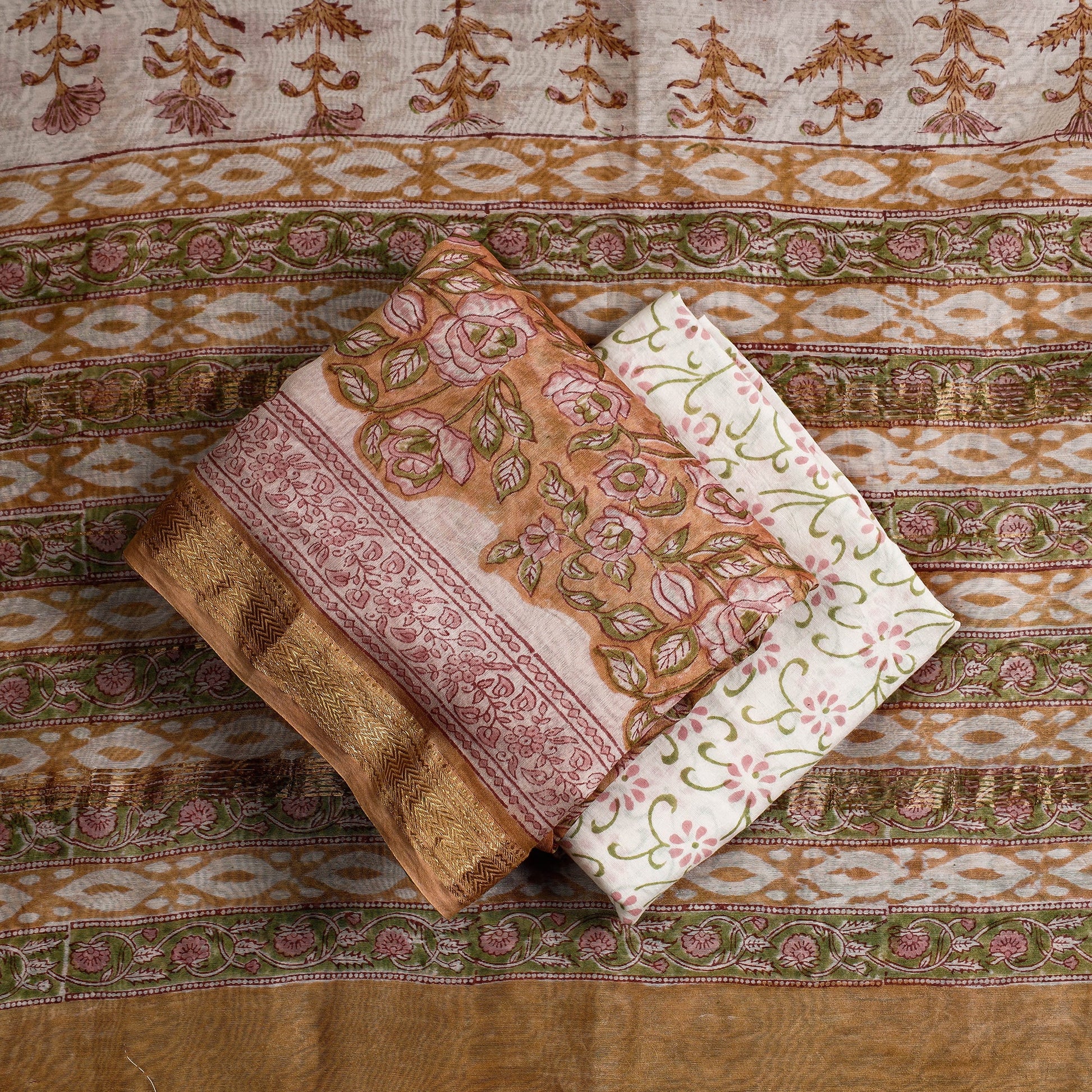 Brown - 3pc Sanganeri Block Printed Maheshwari Silk Suit Material Set