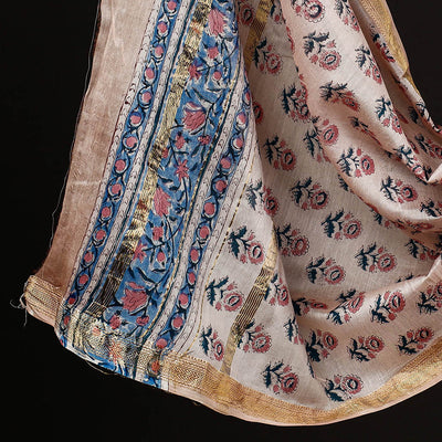 Brown - 3pc Sanganeri Block Printed Maheshwari Silk Suit Material Set