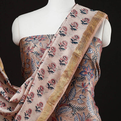 Brown - 3pc Sanganeri Block Printed Maheshwari Silk Suit Material Set
