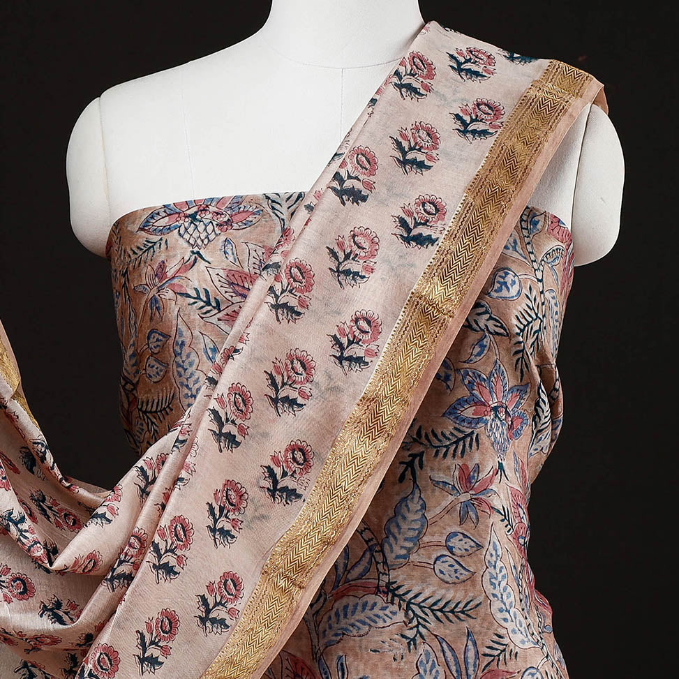 Brown - 3pc Sanganeri Block Printed Maheshwari Silk Suit Material Set